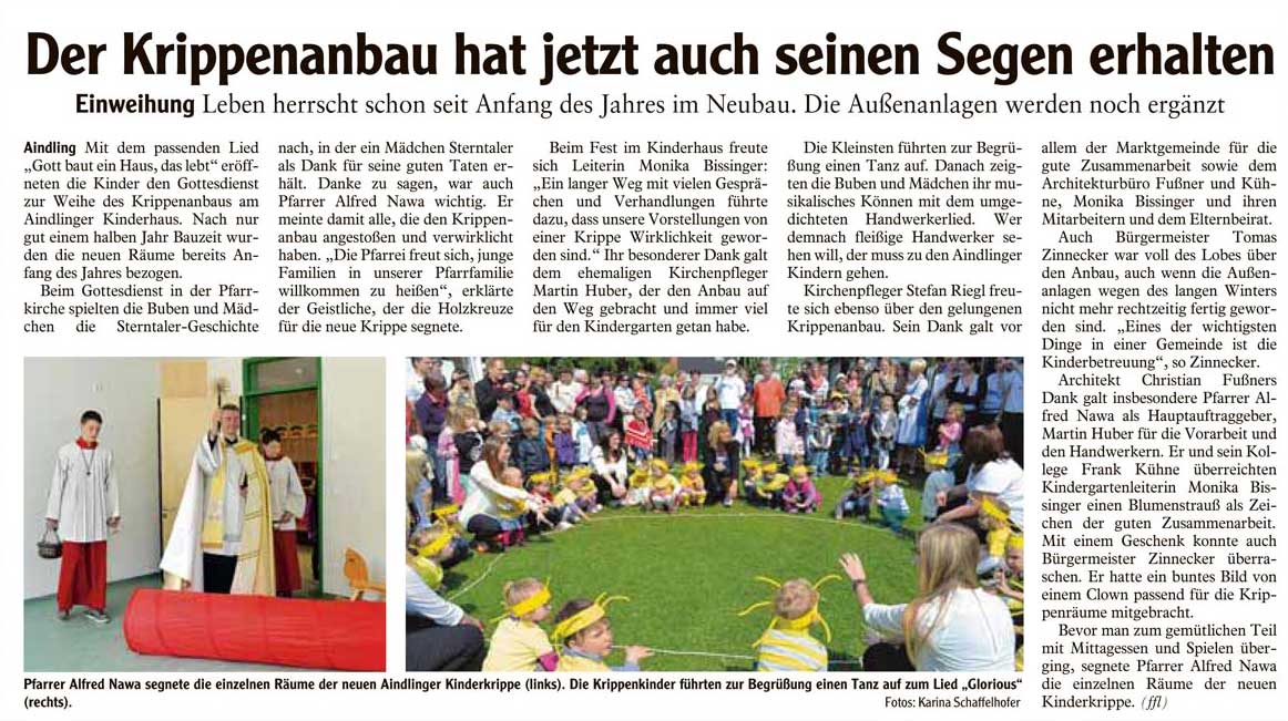 Fußner Kühne Architekten 2013 - Presseartikel aus den Aichacher Nachrichten: Der Krippenanbau hat jetzt auch seinen Segen erhalten