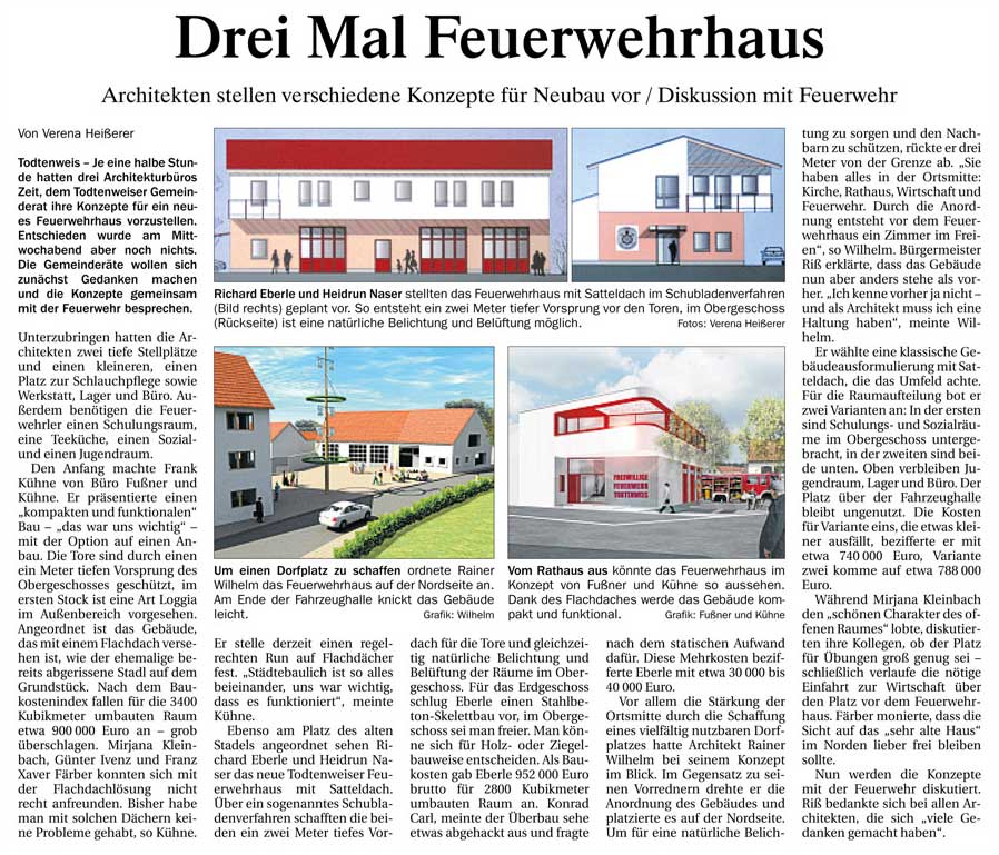 Fußner Kühne Architekten 2013 - Presseartikel aus den Aichacher Nachrichten: Feuerwehrhaus: Drei Büros stellen ihre Pläne vor / Artikel aus den Aichacher Nachrichten vom 24.05.2013