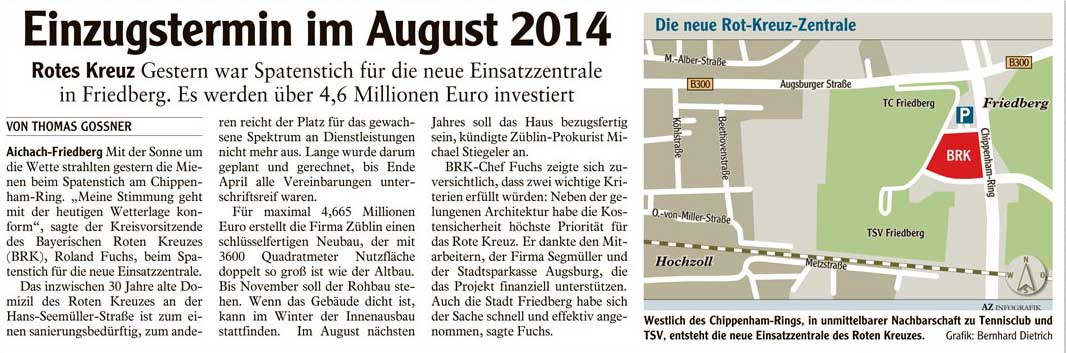 Fußner Kühne Architekten 2013 - Presseartikel aus der Friedberger Allgemeinen vom 09.07.2013: Einzugstermin im August 2014 (Neubau der Rotes Kreuz Zentrale in Friedberg)