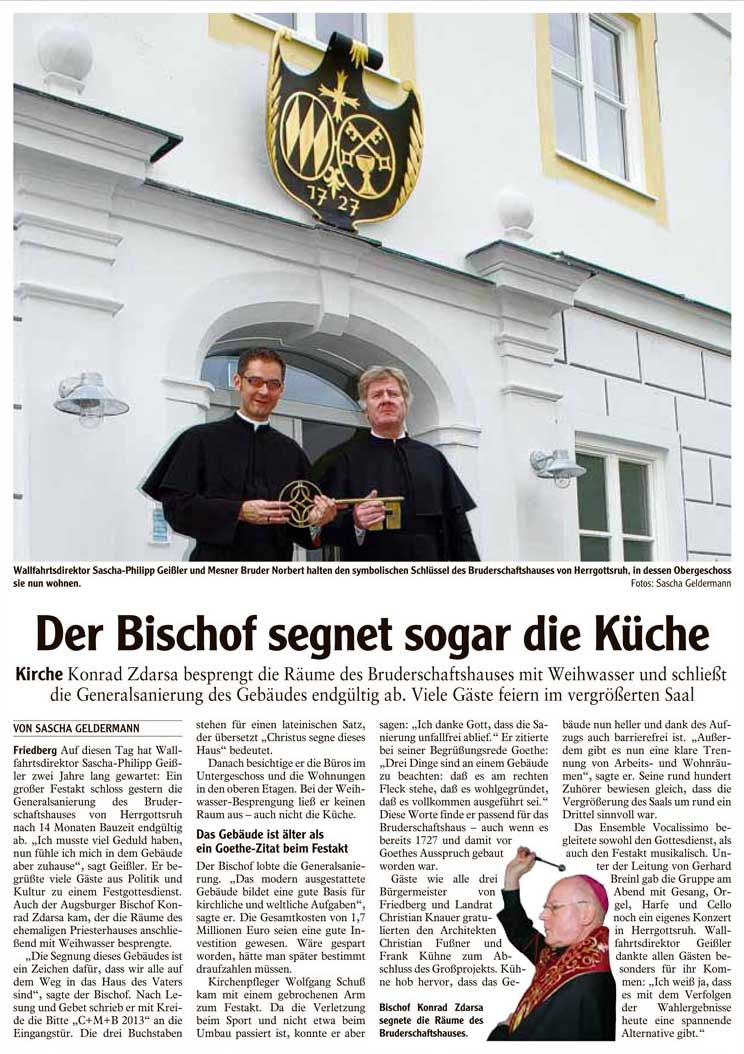 Fußner Kühne Architekten 2013 - Presseartikel aus der Friedberger Allgemeinen vom 13.09.2013 zur Sanierung des Priesterhaus Herrgottsruh Friedberg