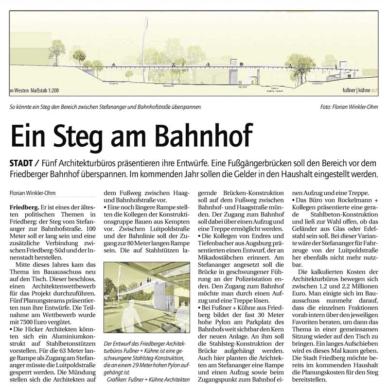 Fußner Kühne Architekten 2013 - Presseartikel aus der Stadtzeitung Augsburg vom 11.12.2013 zur Fußgängerbrücke am Bahnhof Friedberg