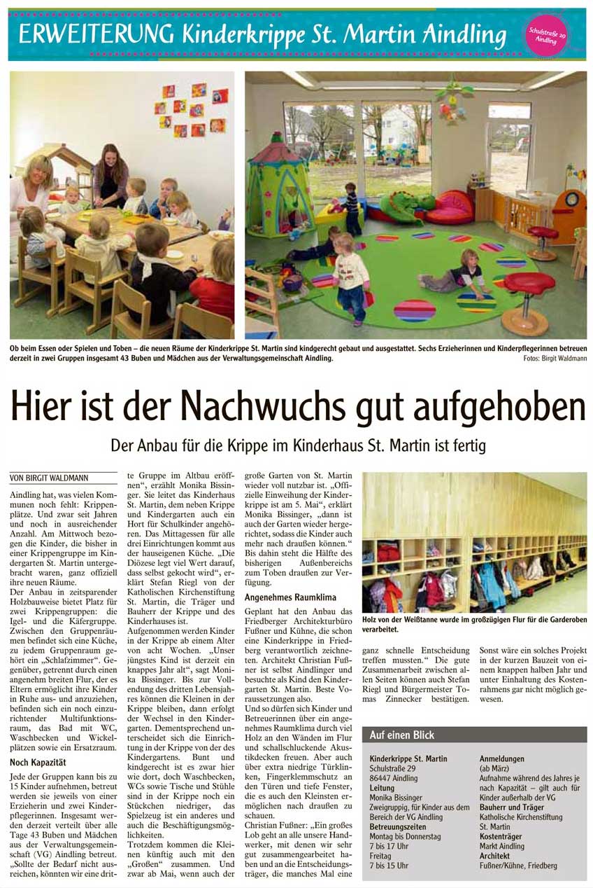 Fußner Kühne Architekten 2012 - Presseartikel aus der Friedberger Allgemeinen: Erweiterung der Kinderkrippe St. Martin, Aindling - Hier ist der Nachwuchs gut aufgehoben