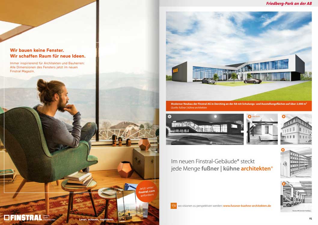 Fußner Kühne Architekten 2016 - Doppelseite aus dem Magazin myheimat Mai 2016 zum Neubau eines Schulungs- und Ausstellungsgebäudes der Finstral GmbH in Friedberg
