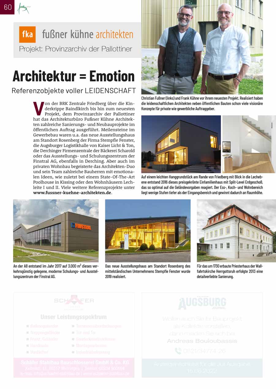 Presseartikel Augsburg Journal 06/2022 zum Projekt "Provinzarchiv der Pallottiner" in Friedberg
