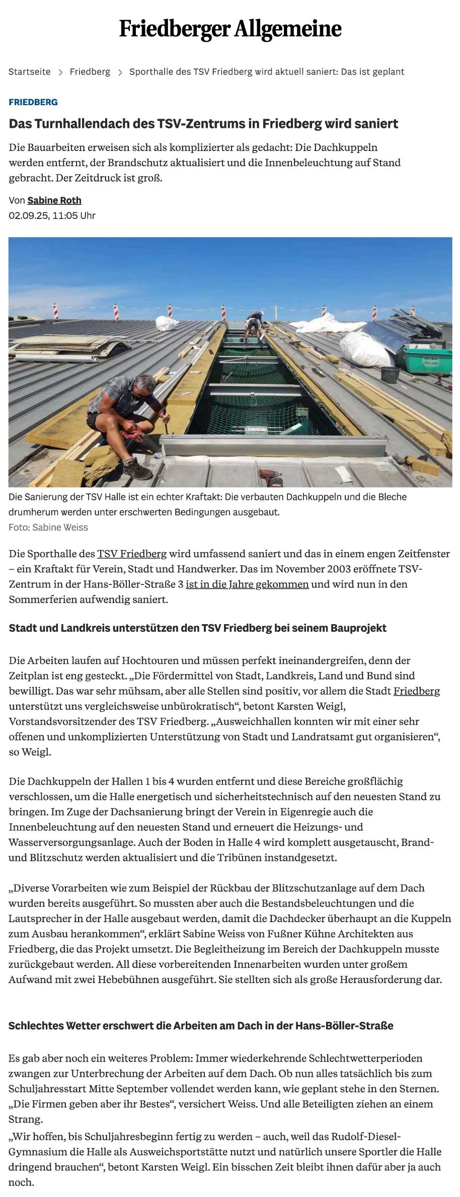 Friedberger Allgemeine zur Dachsanierung des TSV-Zentrums in Friedberg